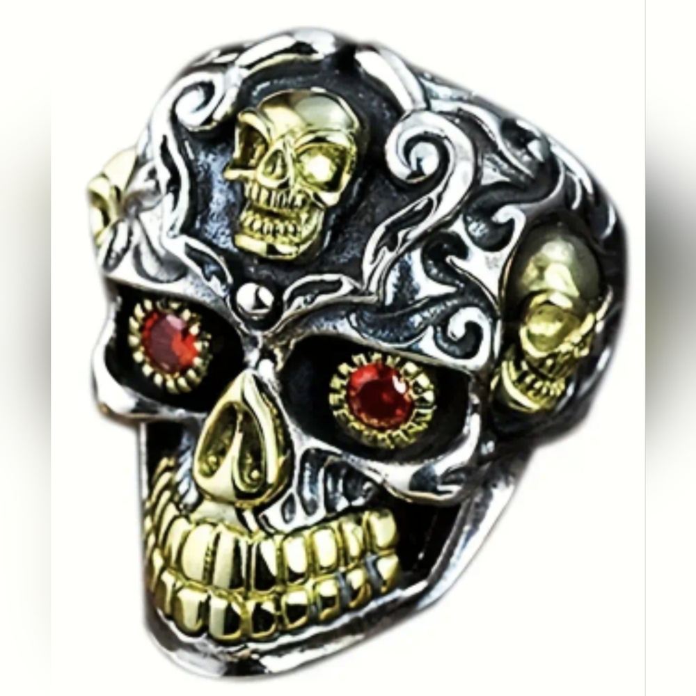 Skull Ring Silver & Gold Tone Red Eye Skull Ring Gothic Biker Statement T2B4C
